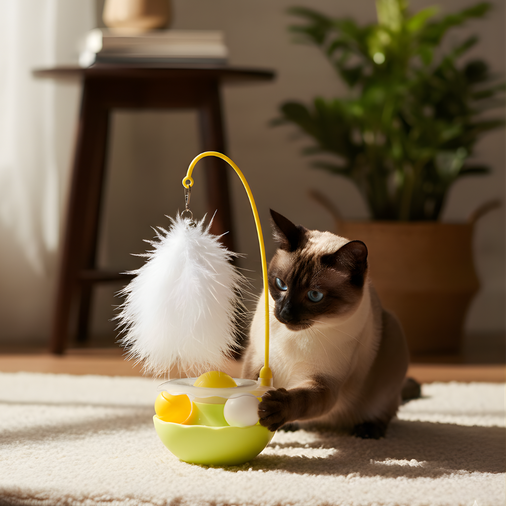 WobbleWhisk Motion-Activated Cat Toy — Feather Topper, Rolling Balls