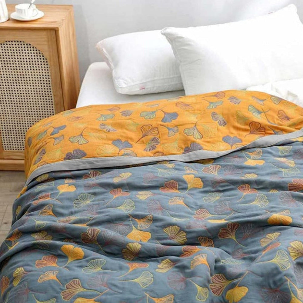 Reversible Cotton Throw Blanket — Ginkgo Pattern Print