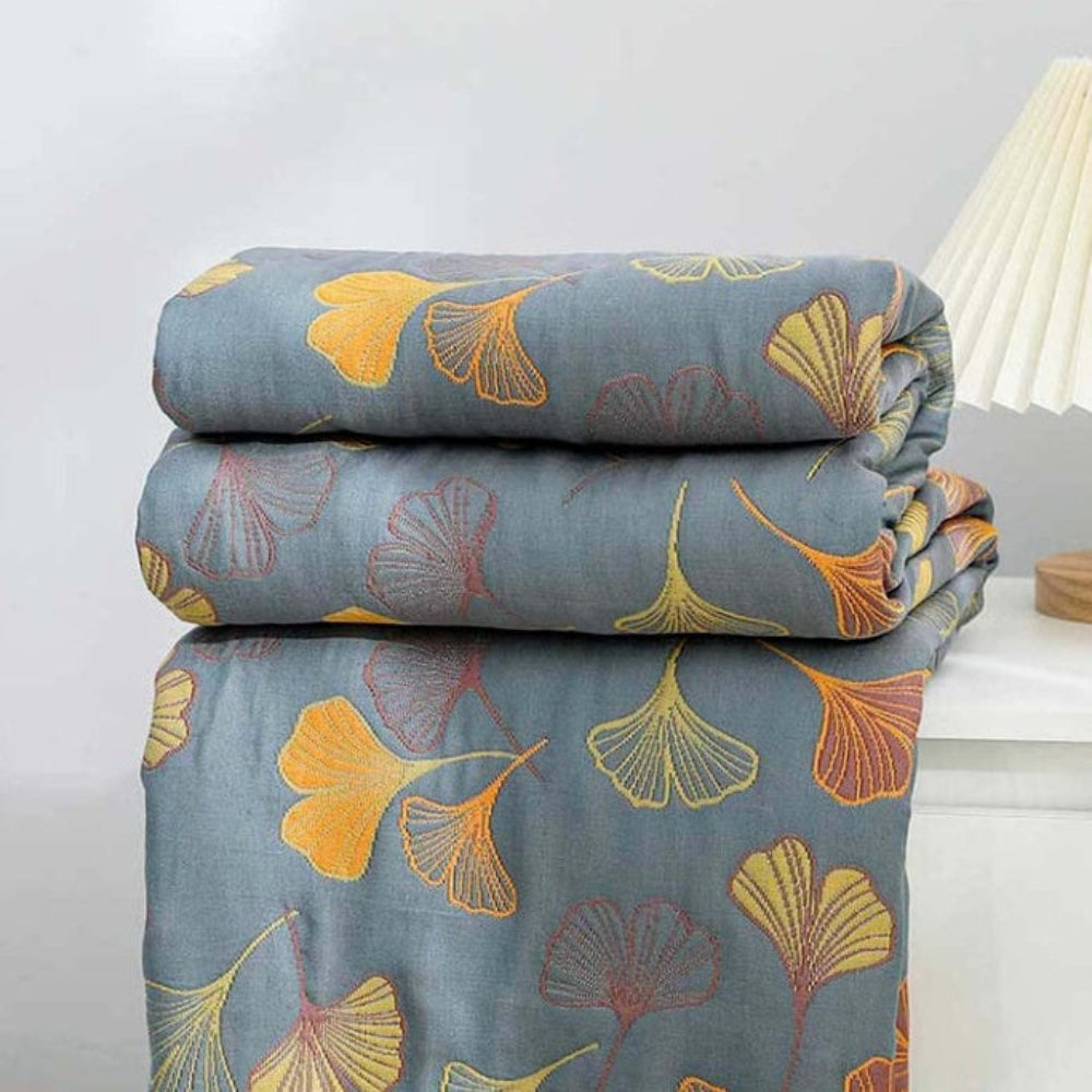 Reversible Cotton Throw Blanket — Ginkgo Pattern Print