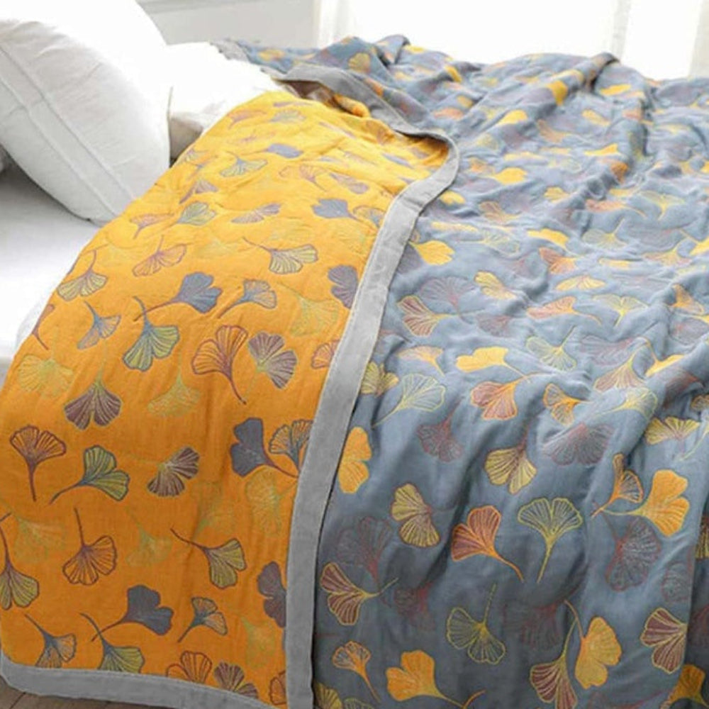 Reversible Cotton Throw Blanket — Ginkgo Pattern Print