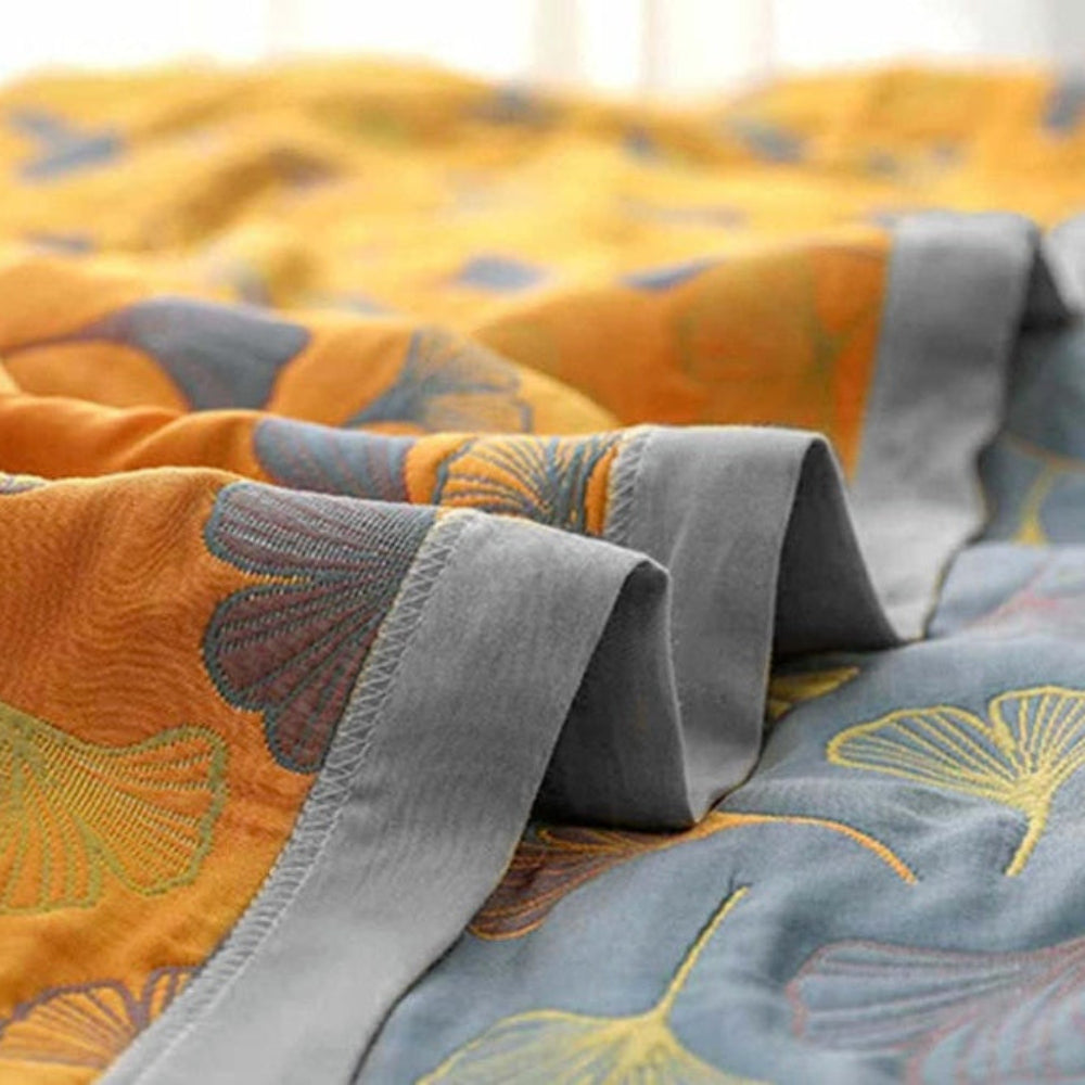 Reversible Cotton Throw Blanket — Ginkgo Pattern Print