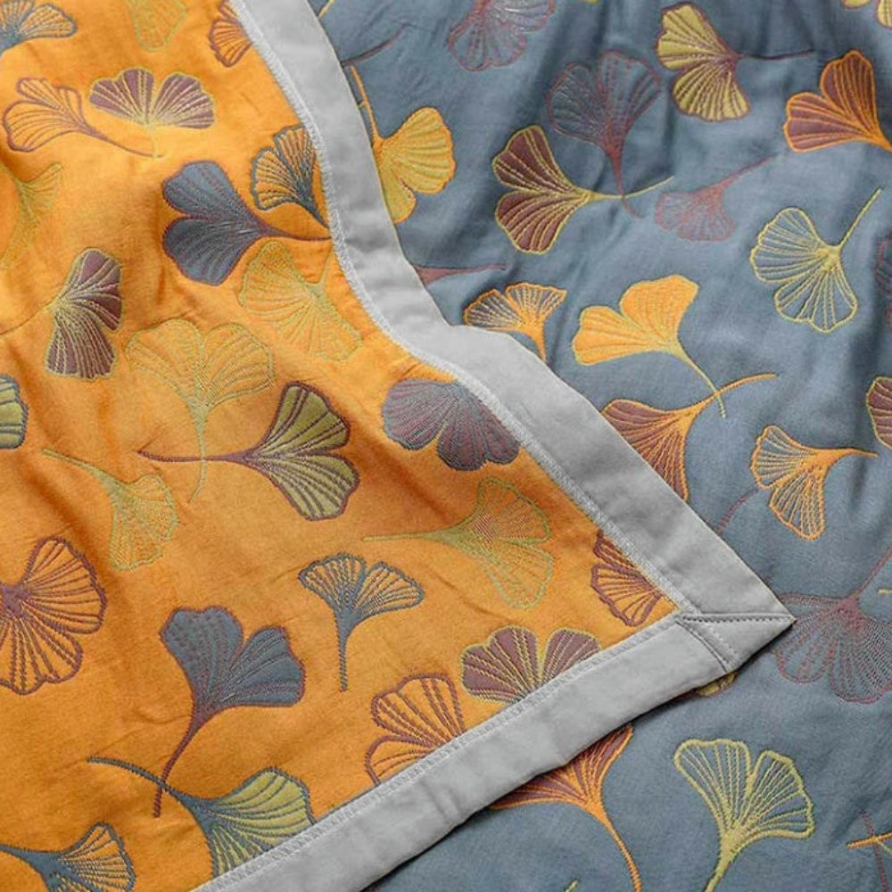 Reversible Cotton Throw Blanket — Ginkgo Pattern Print