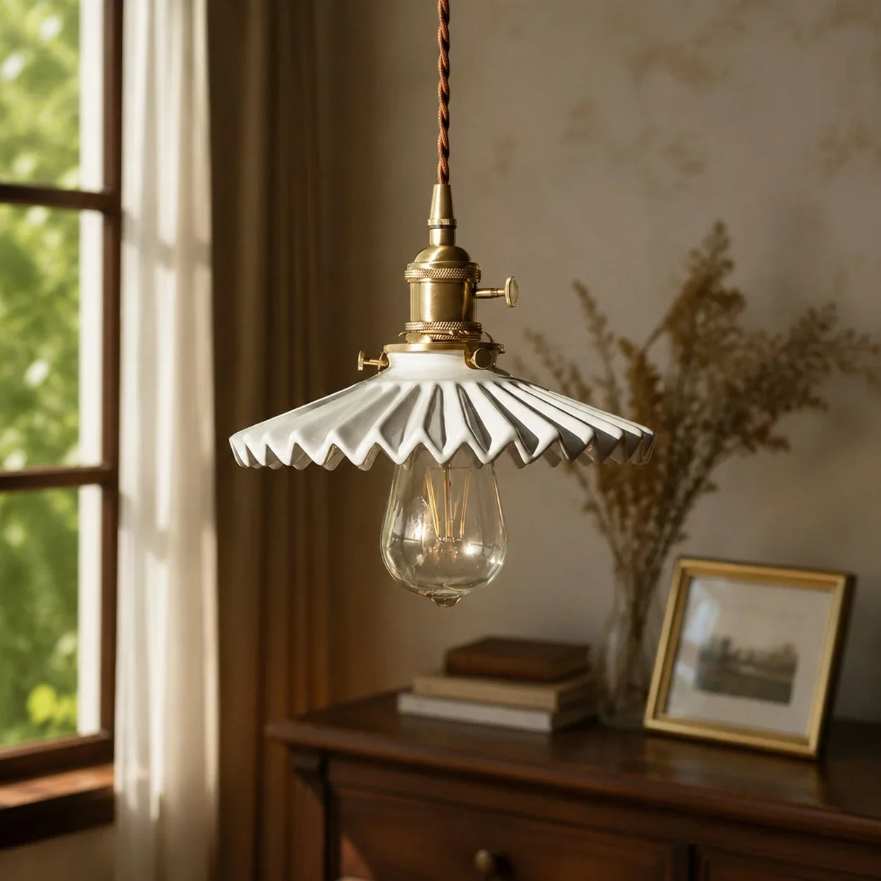 Pleated Ceramic Pendant Light with Brass Hardware | Esilora