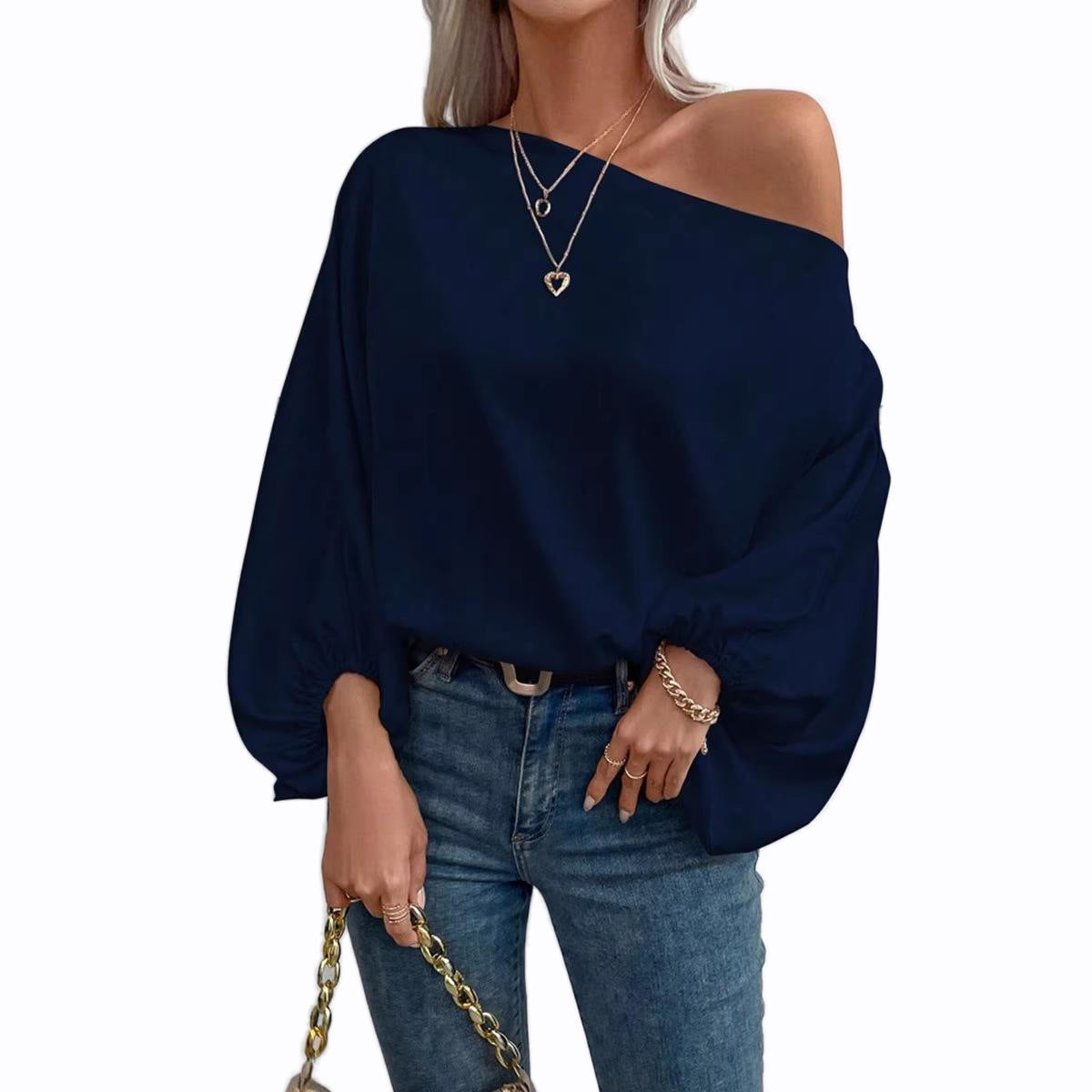 Blouse Satinée à Épaule Dénudée et Manches Bouffantes