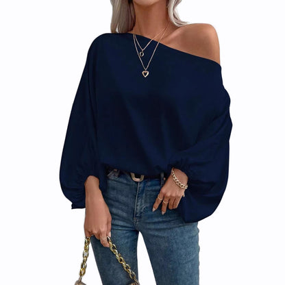 Blouse Satinée à Épaule Dénudée et Manches Bouffantes