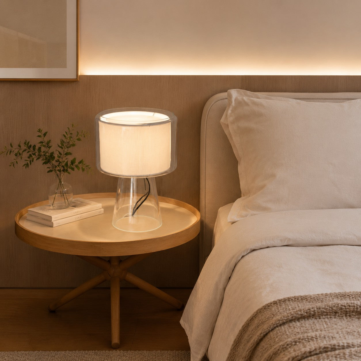 Natürliche Glastischlampe mit Stoffschirm | Esilora