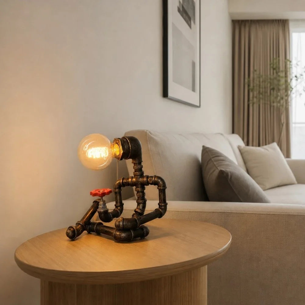 Vintage Industrial Pipe Character Table Lamp for Bedside Desk and Living Room Accent Decor | Esilora