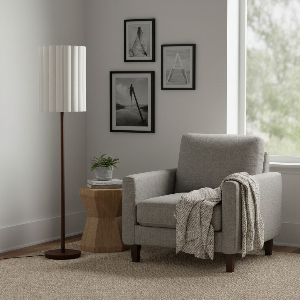 Linbron golvlampa med neutral tygskärm och trästruktur – minimalistisk modern golvlampa för vardagsrum och arbetsrum | Esilora