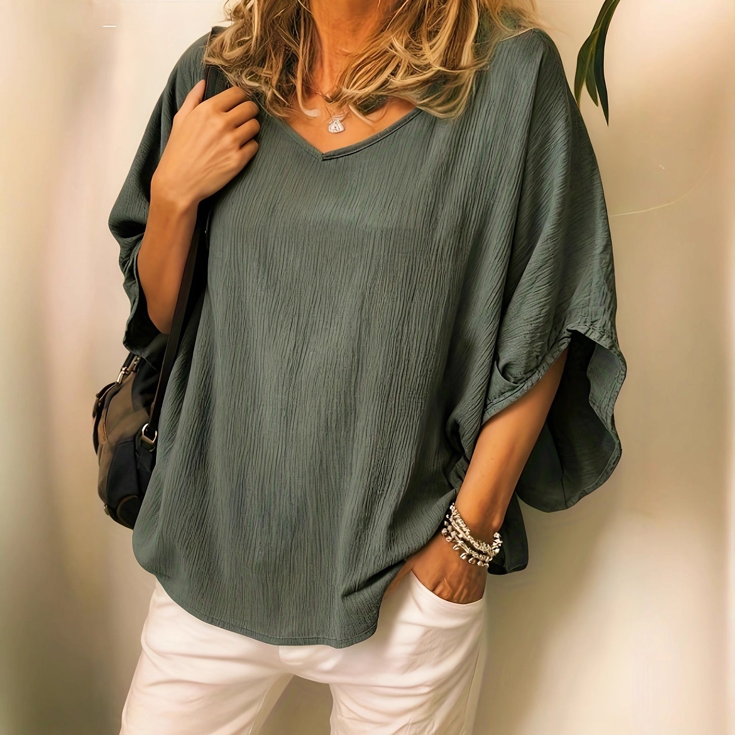 Blouse Fluide à Texture Gaufrée et Manches Chauve-Souris