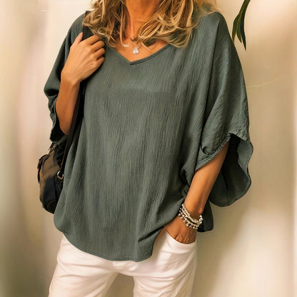 Blouse Fluide à Texture Gaufrée et Manches Chauve-Souris