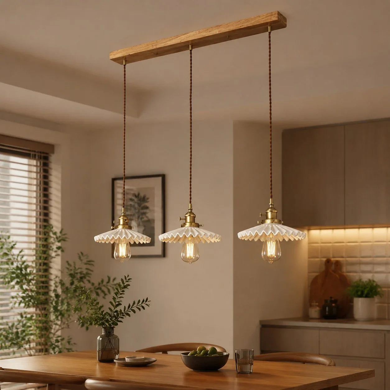 Pleated Ceramic Pendant Light with Brass Hardware | Esilora