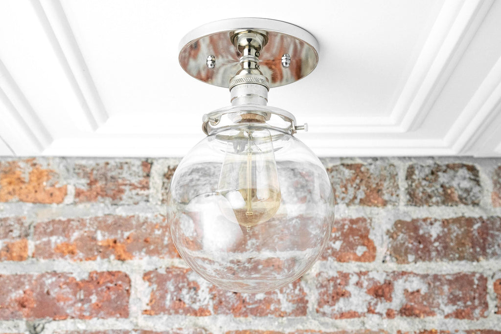 Glorica Glass Clear Globe – polopřisazené stropní svítidlo – moderní industriální styl do obývacího pokoje a jídelny | Esilora