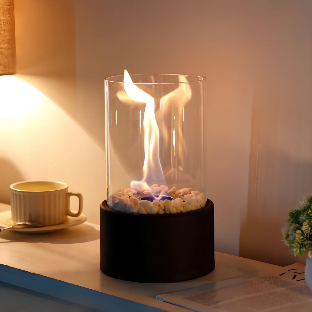 Moderne glazen metalen tafelvuurkorf - decoratieve brander