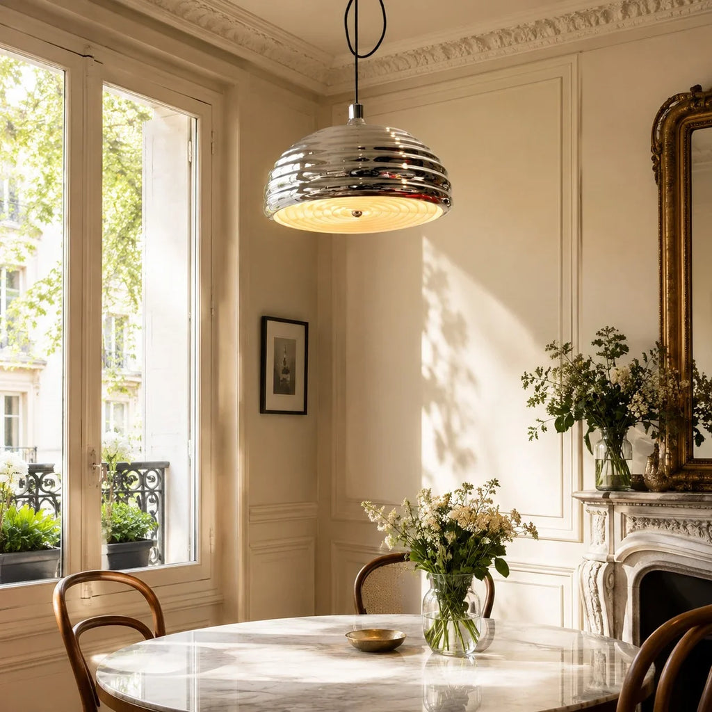 Industrielle Bauhaus-Pendelleuchte mit verstellbarem Arm in poliertem Chrom | Esilora