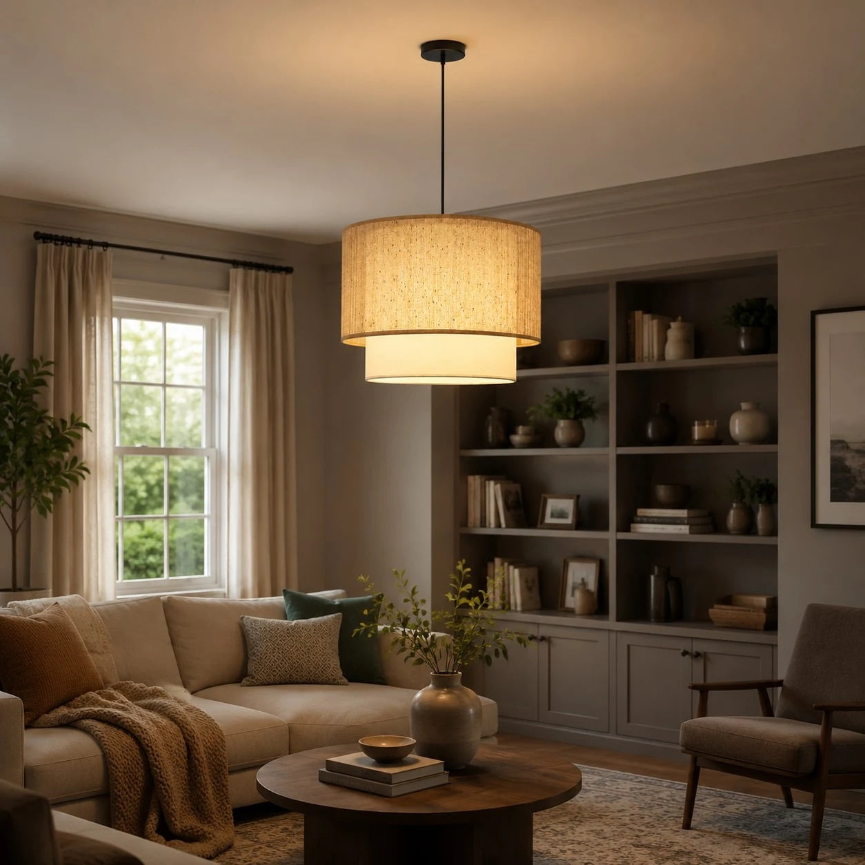 Wabi-Sabi Linen Drum Pendant Lamp | Esilora