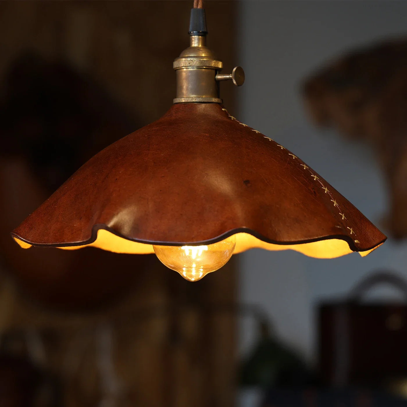 Kupolová závěsná lampa s koženým stínidlem | Esilora