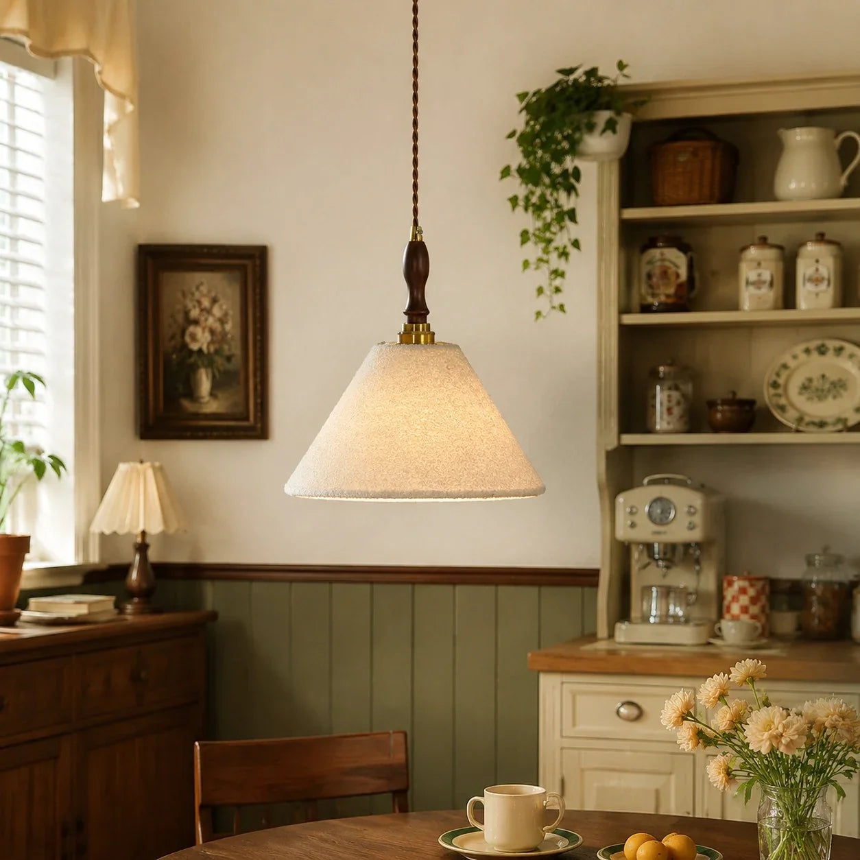 Lampada a sospensione vintage francese in tessuto color crema | Esilora