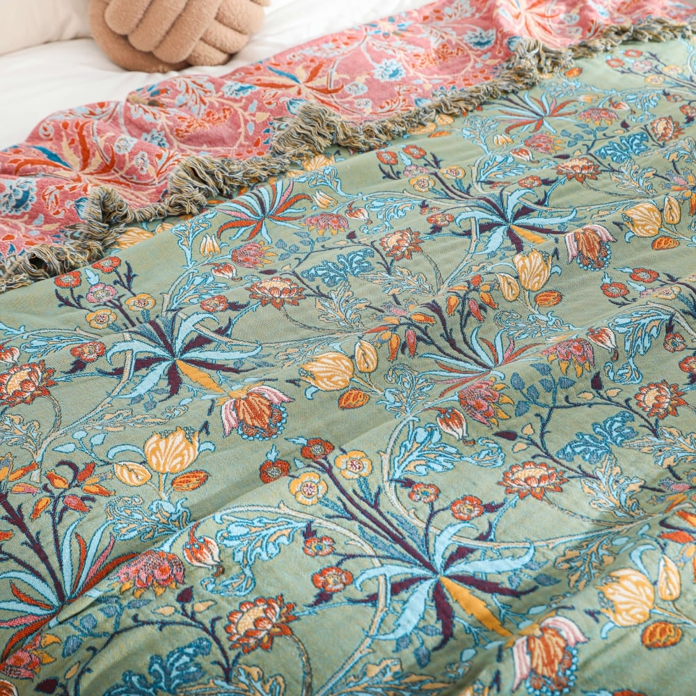 Floral Reversible Throw Blanket — Decorative Fringe Trim for Bed or Sofa