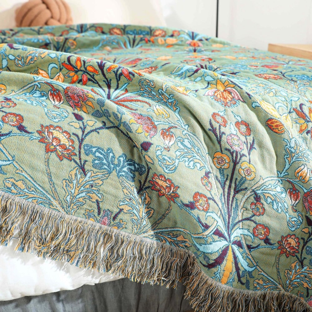 Floral Reversible Throw Blanket — Decorative Fringe Trim for Bed or Sofa