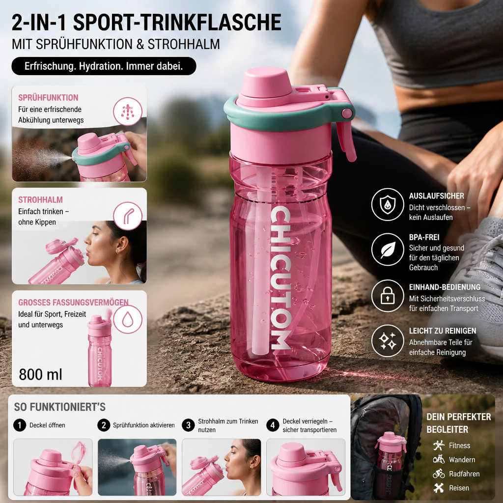 Sports Water Bottle with Spray Function and Straw - Esilora