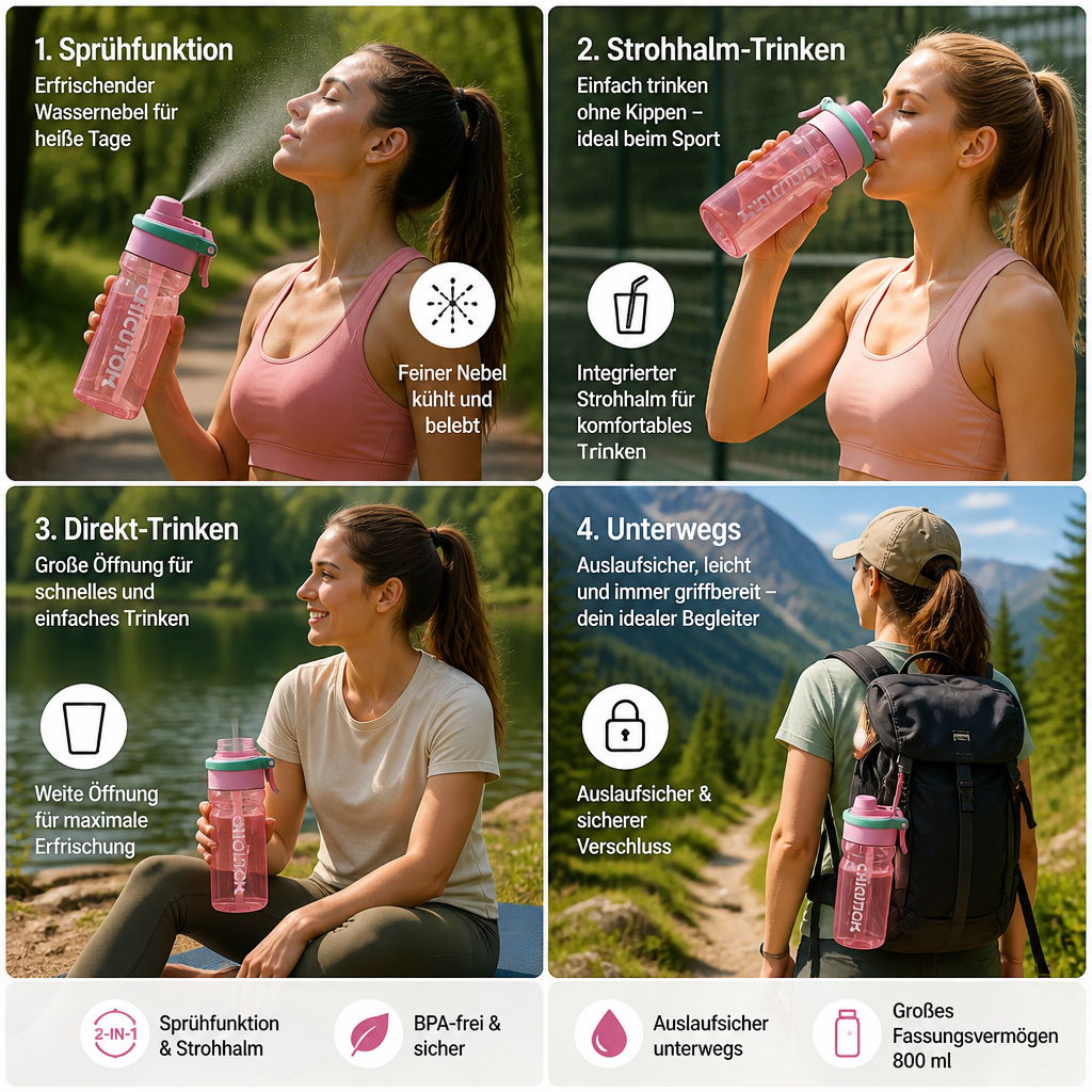 Sports Water Bottle with Spray Function and Straw - Esilora