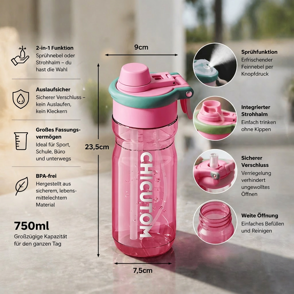Sports Water Bottle with Spray Function and Straw - Esilora