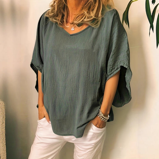 Blouse Fluide à Texture Gaufrée et Manches Chauve-Souris