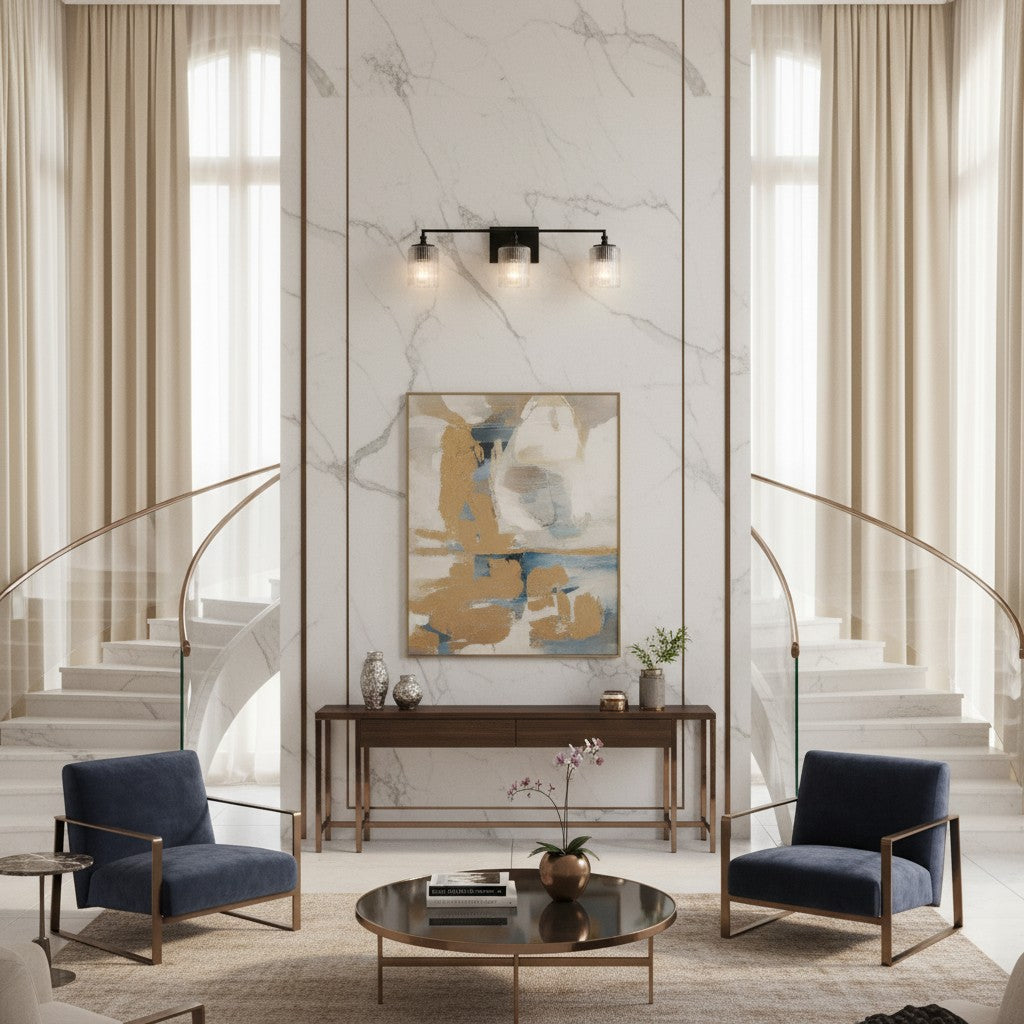 Luminaire de salle de bains Lirra à trois abat-jour en verre, design élégant en métal – Éclairage de coiffeuse | Esilora