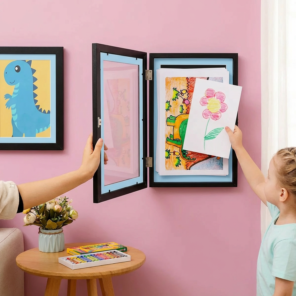 Moldura para expor desenhos infantis — montagem na parede, suporta até 150 desenhos