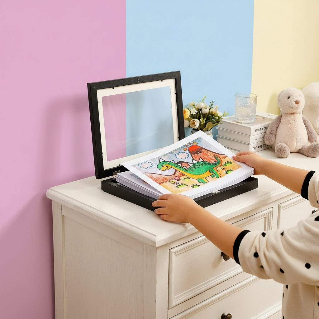 Moldura para expor desenhos infantis — montagem na parede, suporta até 150 desenhos