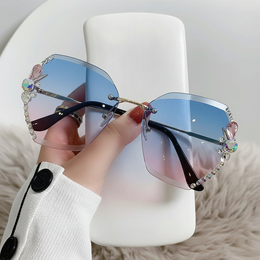 Óculos de sol sem aro para mulher — proteção UV, design leve com frente aberta