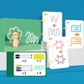 Förskoleövningsbok och bildkort för skrivträning — övning i att följa bokstäver och siffror