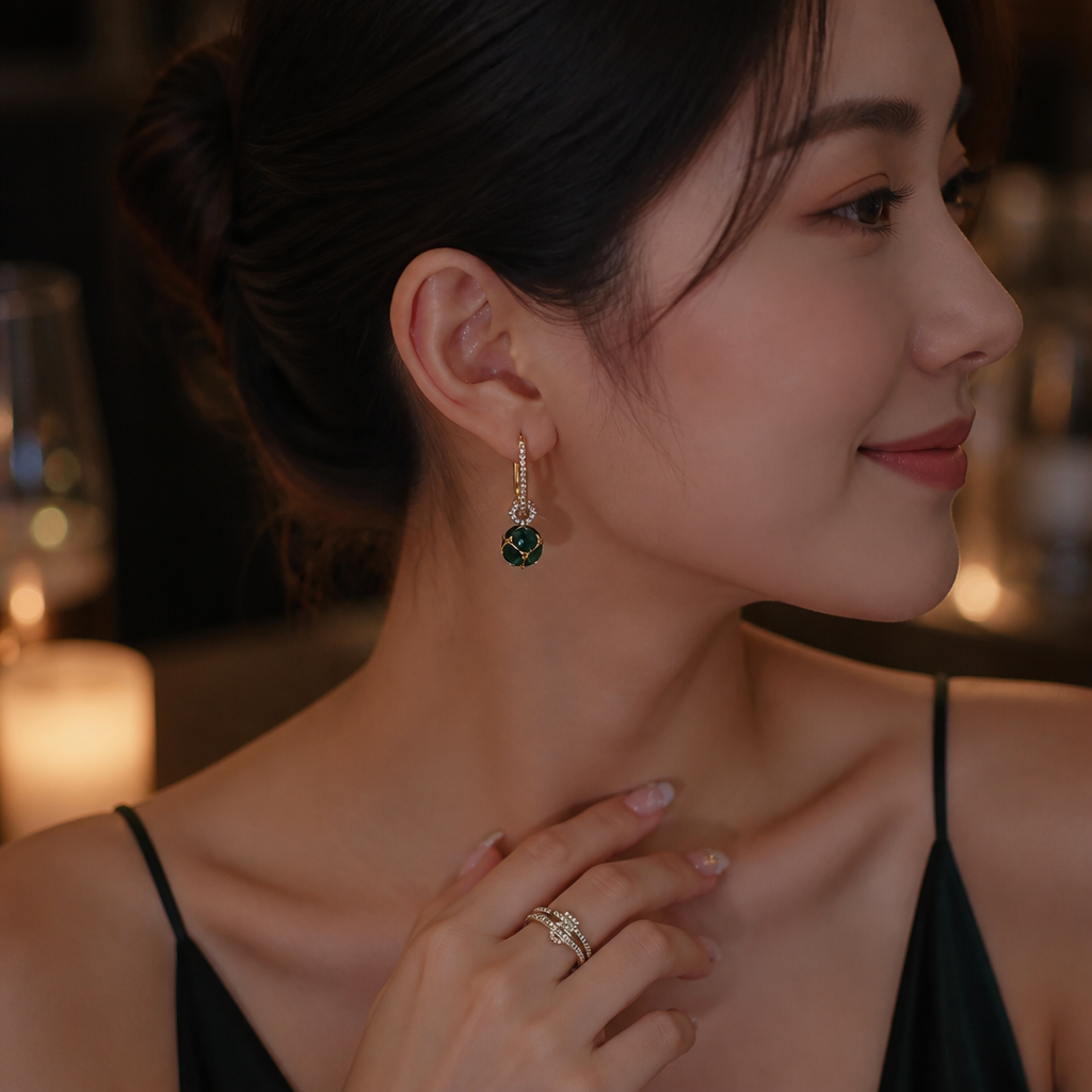 SolaraLuxe – Pavé Gold Hoop Earrings with Emerald Crystal Drop - Esilora