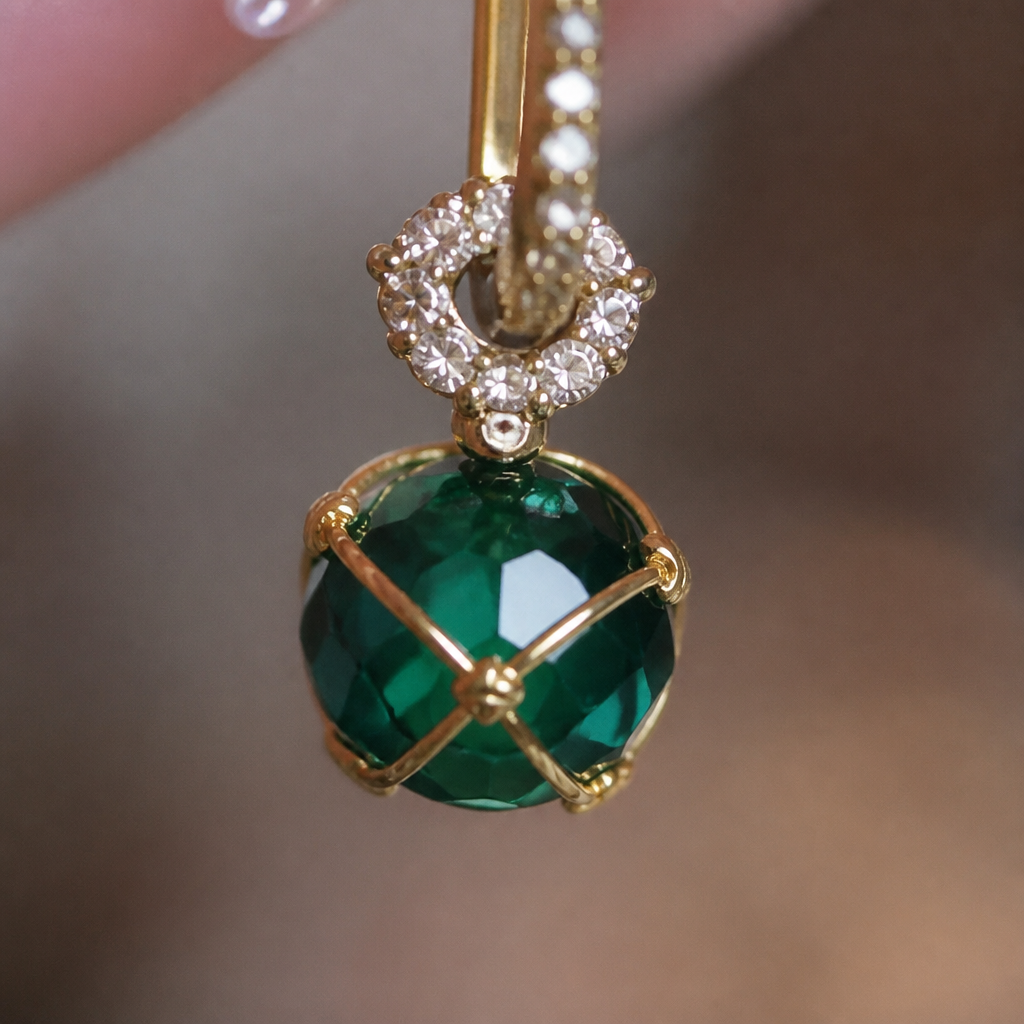 SolaraLuxe – Pavé Gold Hoop Earrings with Emerald Crystal Drop - Esilora