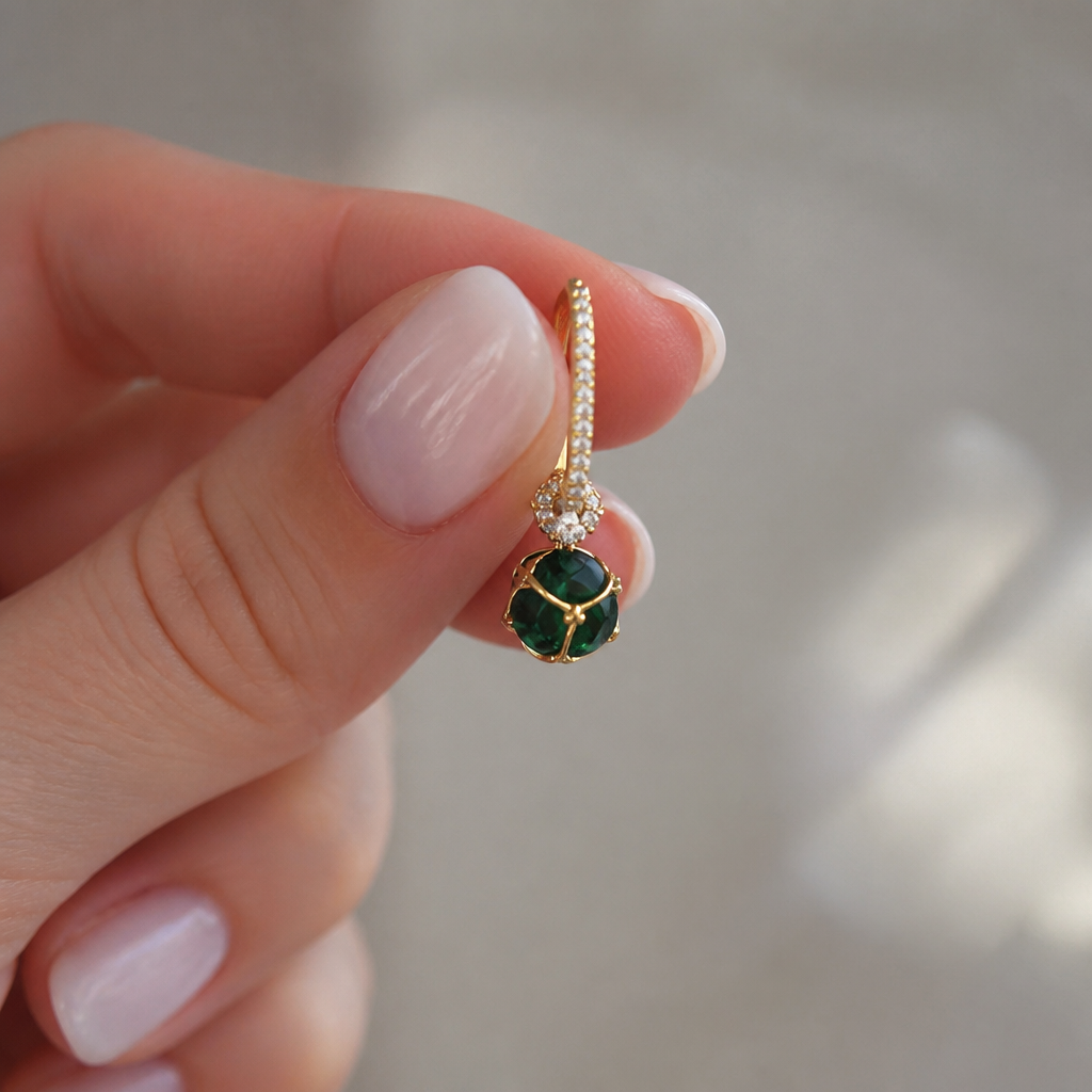 SolaraLuxe – Pavé Gold Hoop Earrings with Emerald Crystal Drop - Esilora