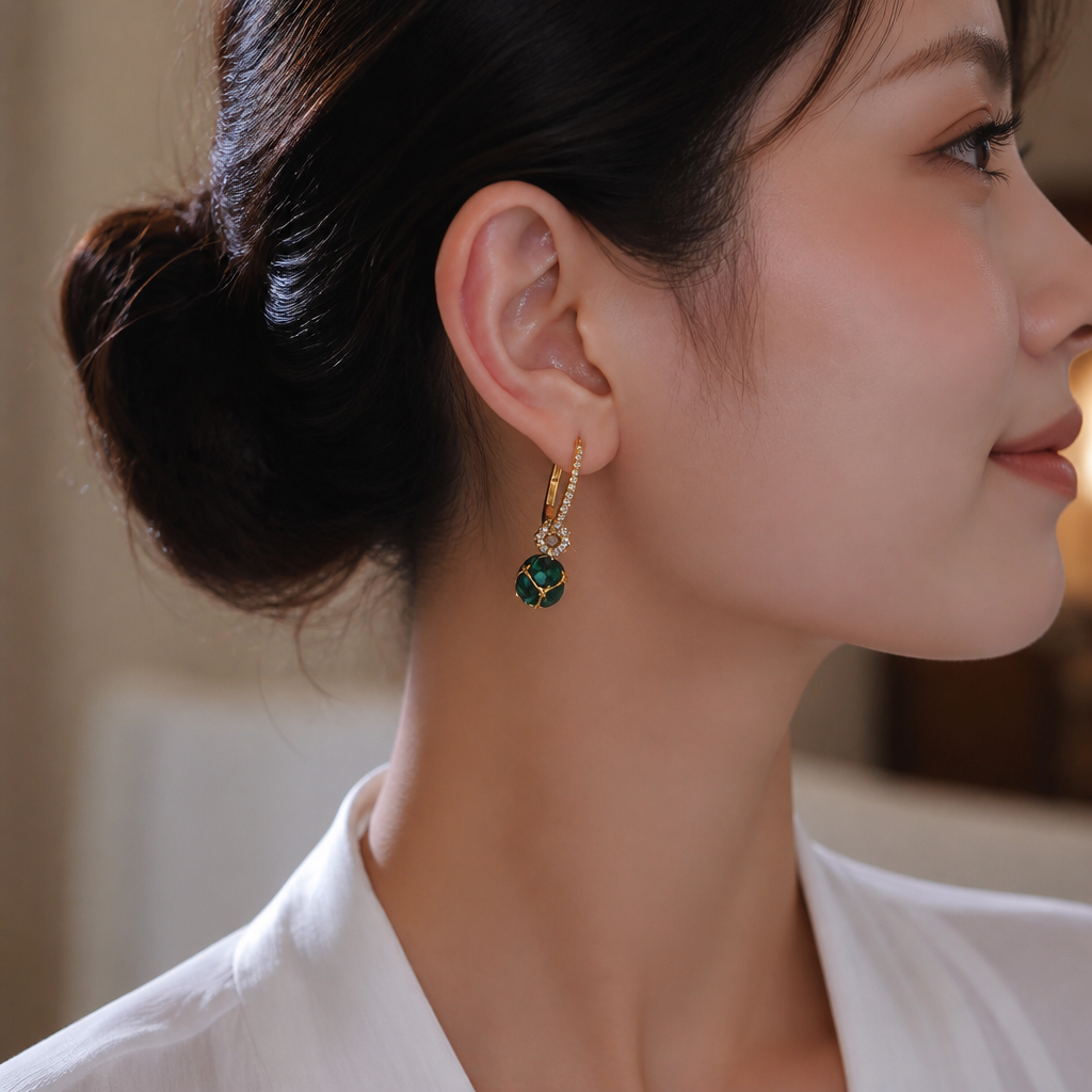 SolaraLuxe – Pavé Gold Hoop Earrings with Emerald Crystal Drop - Esilora