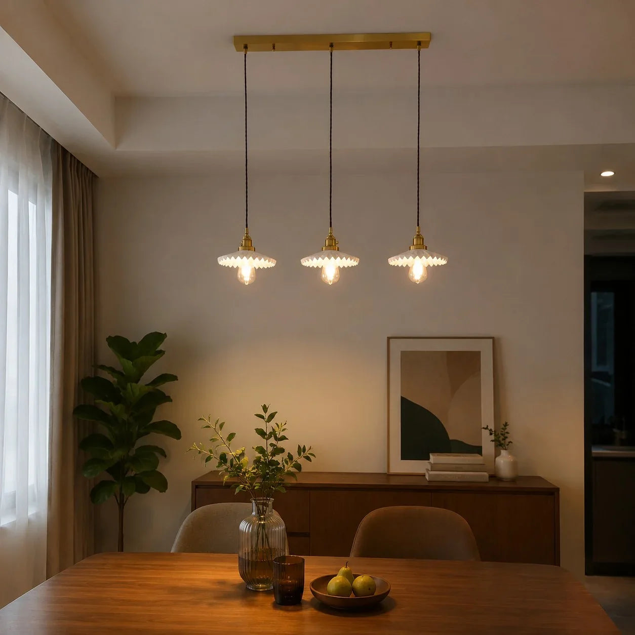 Pleated Ceramic Pendant Light with Brass Hardware | Esilora