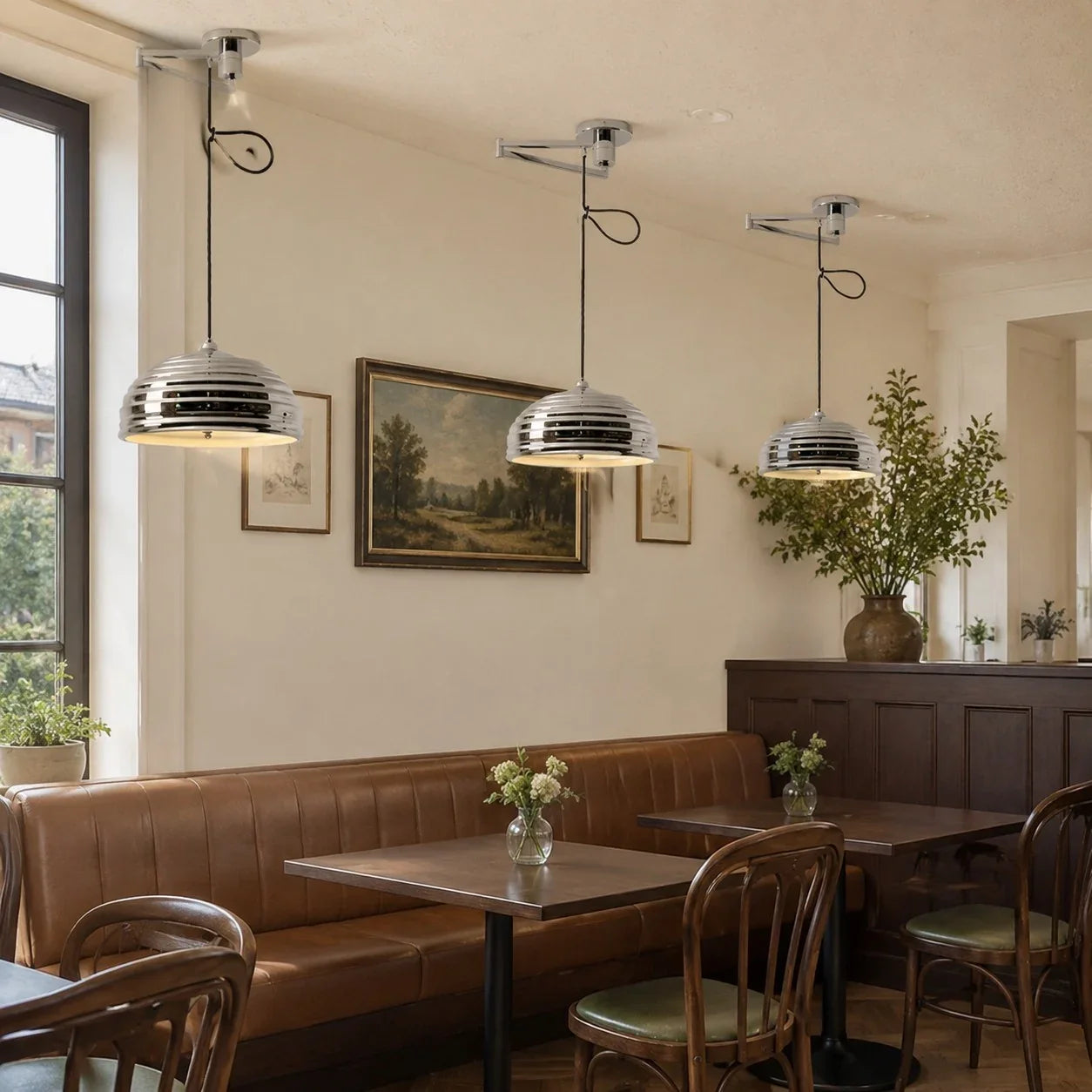 Industrielle Bauhaus-Pendelleuchte mit verstellbarem Arm in poliertem Chrom | Esilora