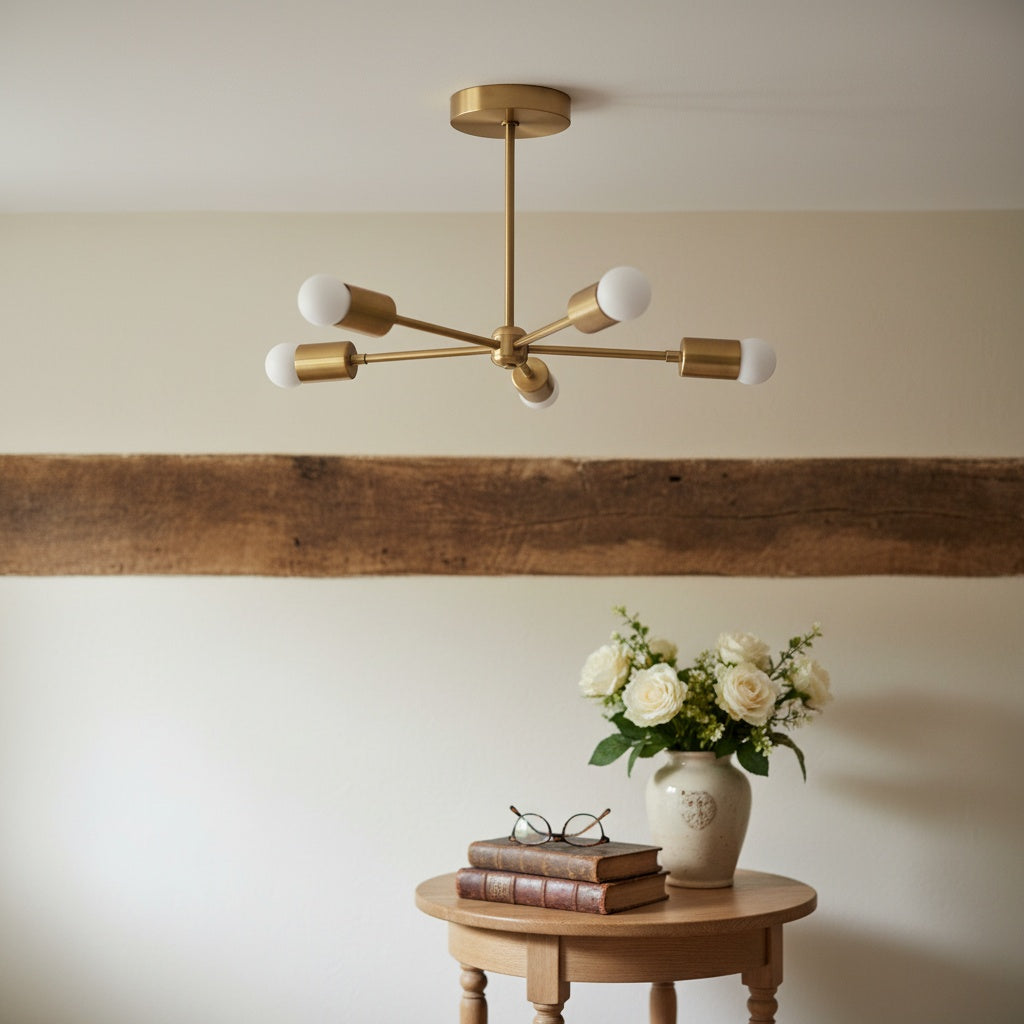 Mobilux Line Mid-Century Gold Sputnik Kronleuchter – Halbeinbau geometrische Messingleuchte | Esilora