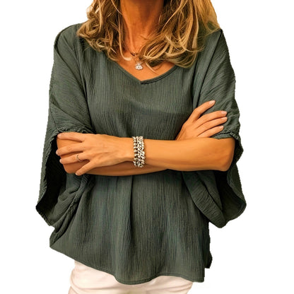 Blouse Fluide à Texture Gaufrée et Manches Chauve-Souris