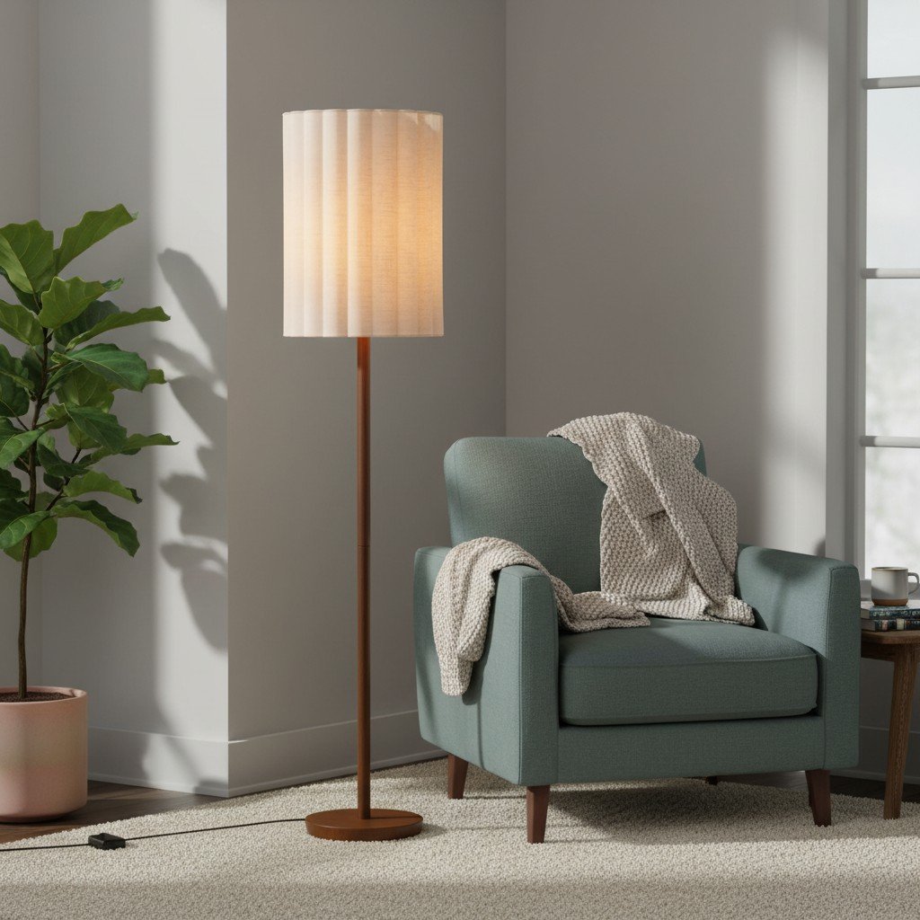 Linbron golvlampa med neutral tygskärm och trästruktur – minimalistisk modern golvlampa för vardagsrum och arbetsrum | Esilora