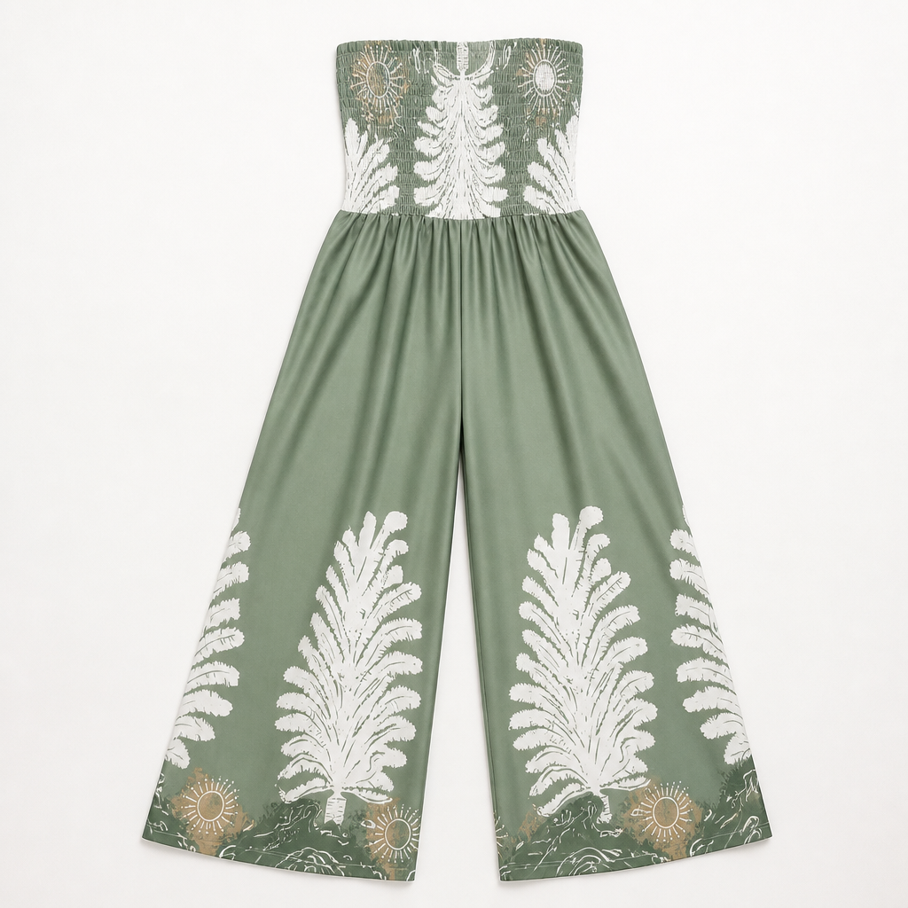 SolaraBreeze – Neckholderloser Palazzo-Jumpsuit mit tropischem Palmenprint - Esilora
