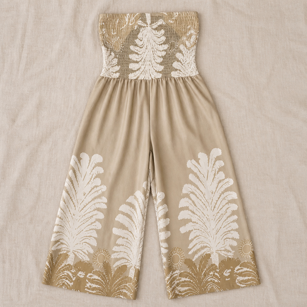 SolaraBreeze – Neckholderloser Palazzo-Jumpsuit mit tropischem Palmenprint - Esilora