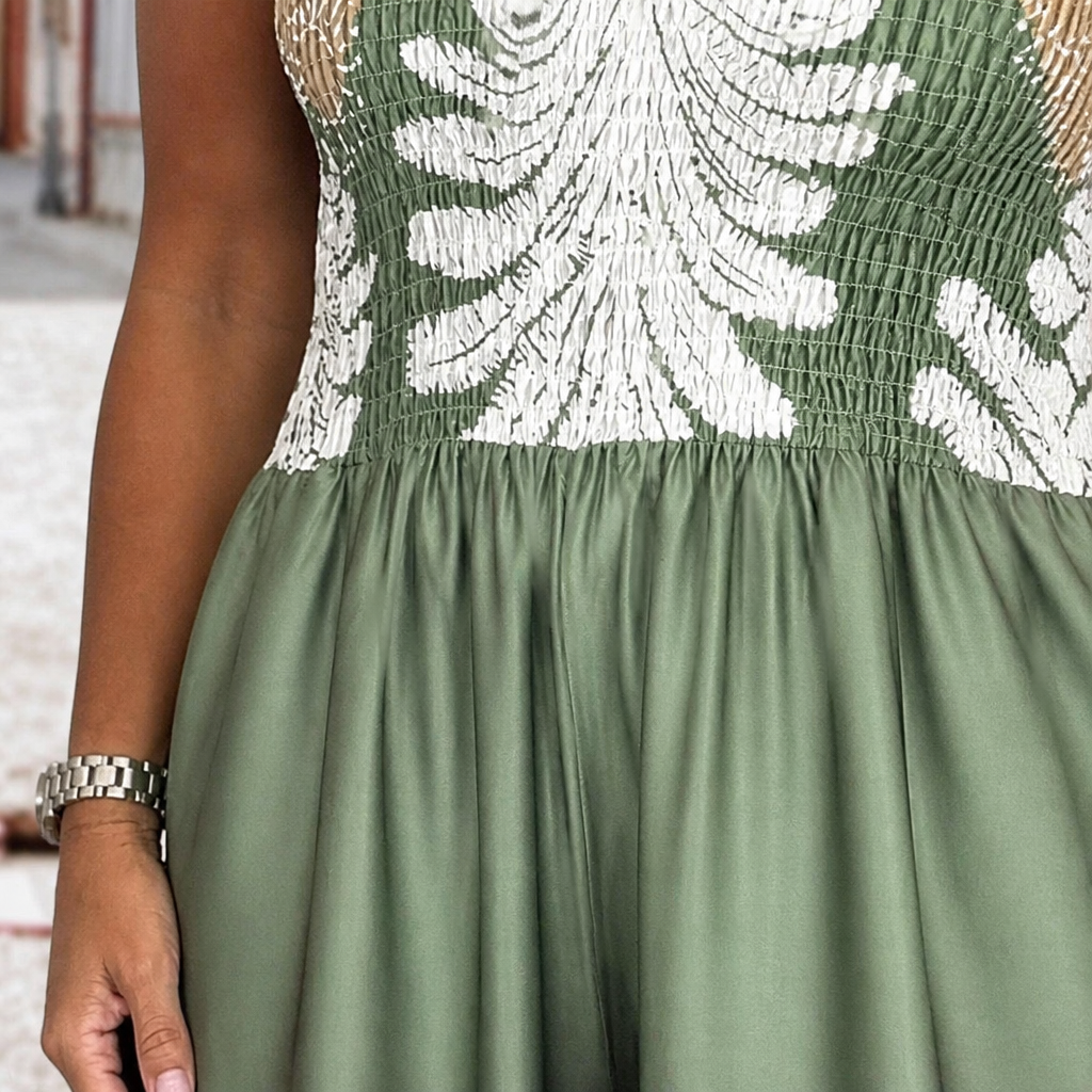 SolaraBreeze – Neckholderloser Palazzo-Jumpsuit mit tropischem Palmenprint - Esilora