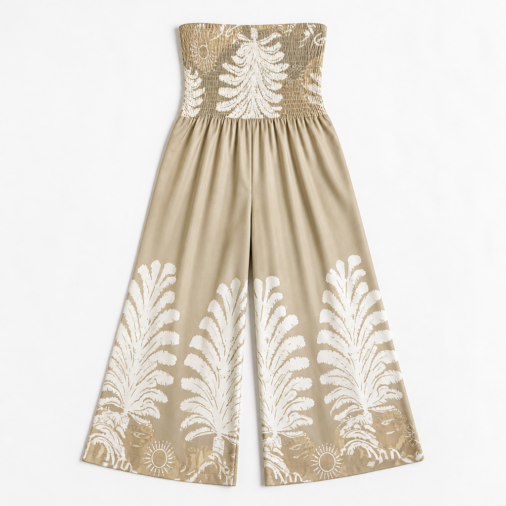 SolaraBreeze – Neckholderloser Palazzo-Jumpsuit mit tropischem Palmenprint - Esilora