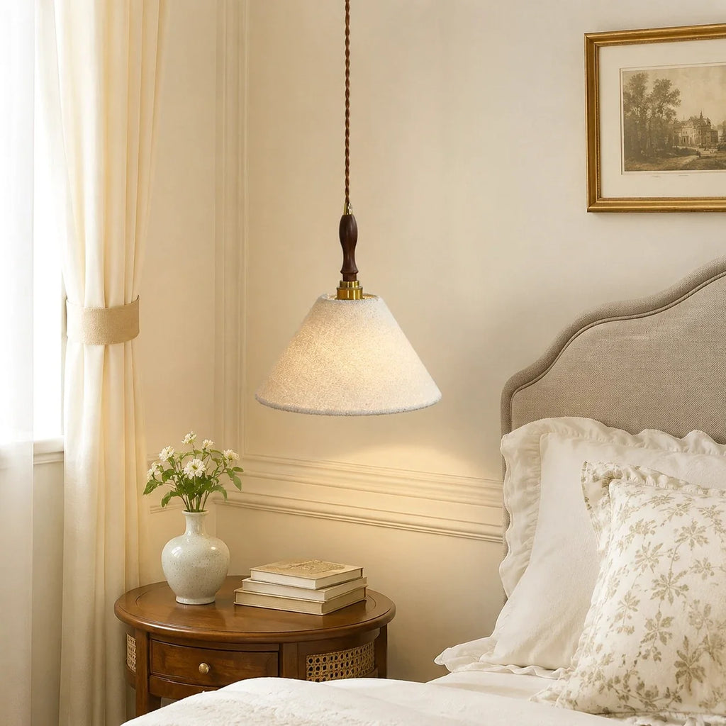 Lampada a sospensione vintage francese in tessuto color crema | Esilora