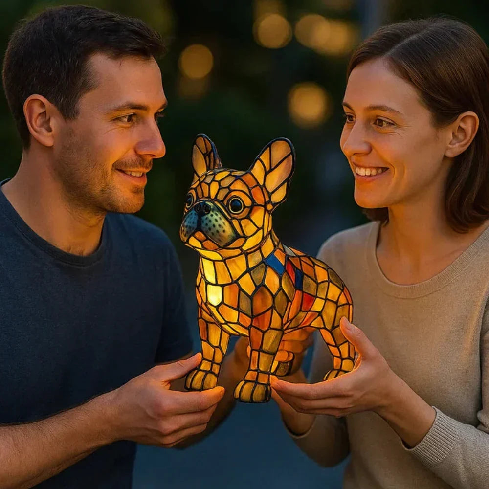 Stained Glass Table Lamp — Pet Silhouette Design, Warm LED Lighting