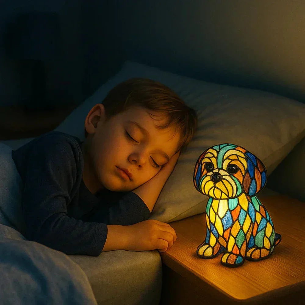 Stained Glass Table Lamp — Pet Silhouette Design, Warm LED Lighting