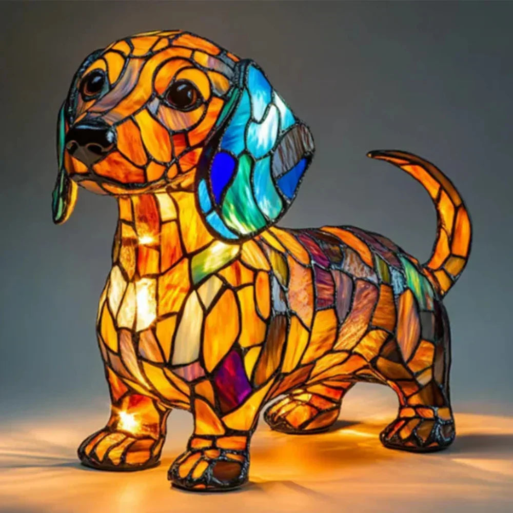 Stained Glass Table Lamp — Pet Silhouette Design, Warm LED Lighting
