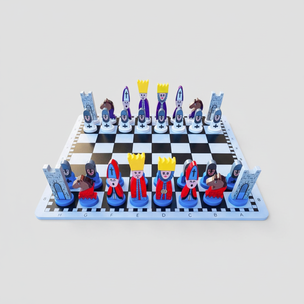Jeu de dames en bois pour enfants — Pièces en forme de personnages de dessin animé, design classique